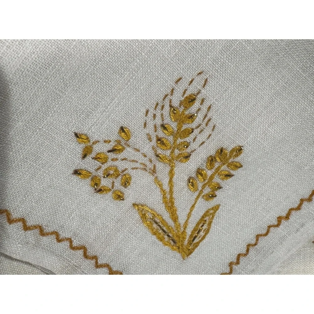 Vintage Linen Tablecloth & 4 Napkins Gold Floral Wheat Embroidered 37x38 Set 70s